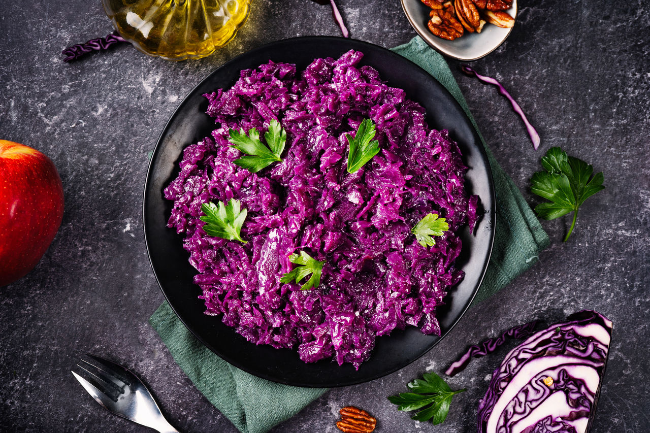Plate with healthy red cabbage salad