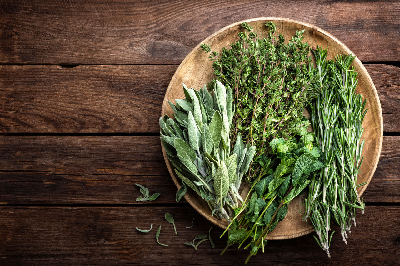 various fresh herbs, rosemary, thyme, mint and sage on wooden background,various fresh herbs, rosemary, thyme, mint and sage on wooden ba