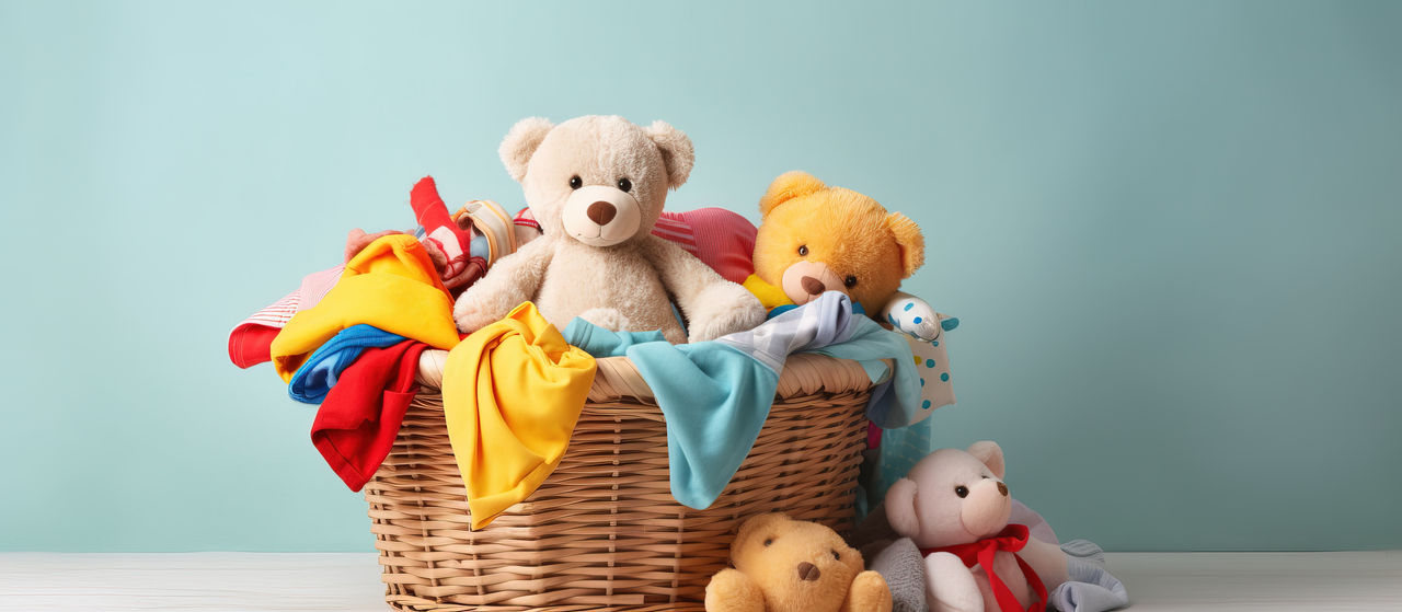 Kinderkleidung und Spielzeug in einem Wäschekorb