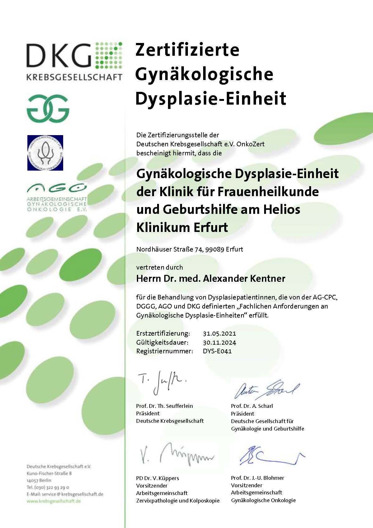 Wir sind von der Deutschen Krebsgesellschaft als Gynäkologische Dysplasie-Einheit zertifiziert.