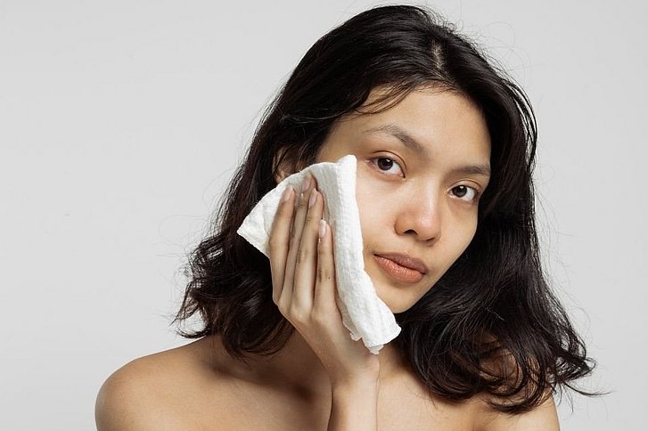 Frau tupft Haut mit Handtuch ab
