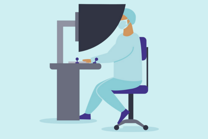 Illustration Mensch und Computer auf blauer Farbfläche