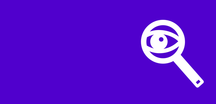 Gezeichnetes Auge blickt durch Lupe auf violettem Hintergrund