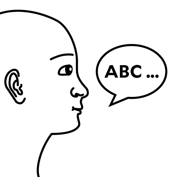 Eine gezeichnete Figur spricht "ABC". 