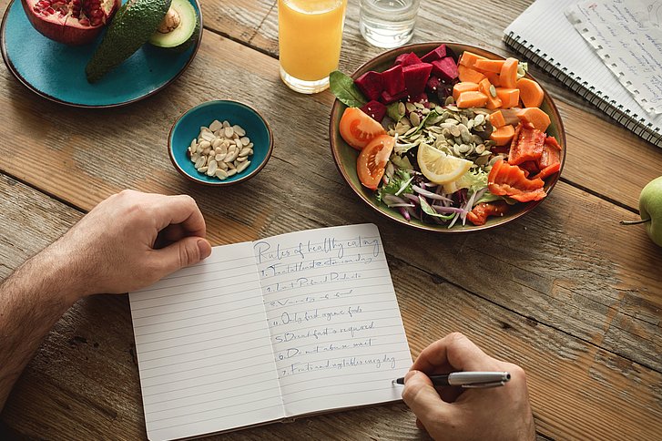 Person schreibt beim Frühstücken ihr Ernährungstagebuch