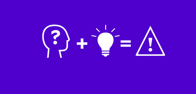 gezeichnerter Kopf mit Fragezeichen + gezeichnete Glühlampe, die ein Ausrufezeichen im Dreieck ergeben auf violettem Hintergrund