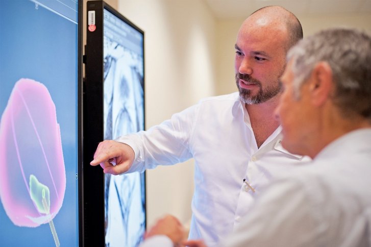 Ein Arzt erläutert einem Patienten die Aufnahmen der Prostata-MRT