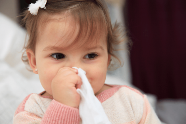 Ein kleines Mädchen schaut in die Kamera und putzt sich die Nase mit einem Taschentuch 